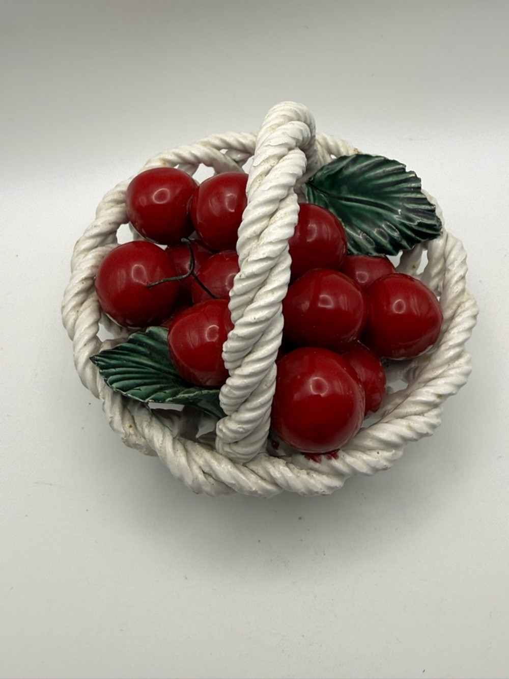 Mid-Century Italian Decorative Basket of Red Cherries with Green Leaves